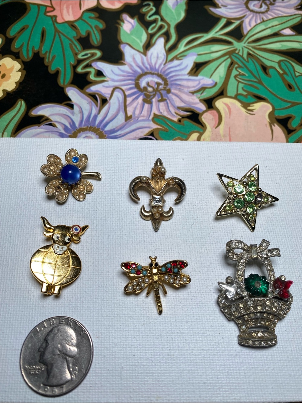 Vintage Rhinestone Brooch Set - Floral, Star, Dragonfly, Basket